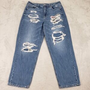 American Eagle Plaid Patch Mom Straight Jeans Distressed Women 14 (32) High Rise